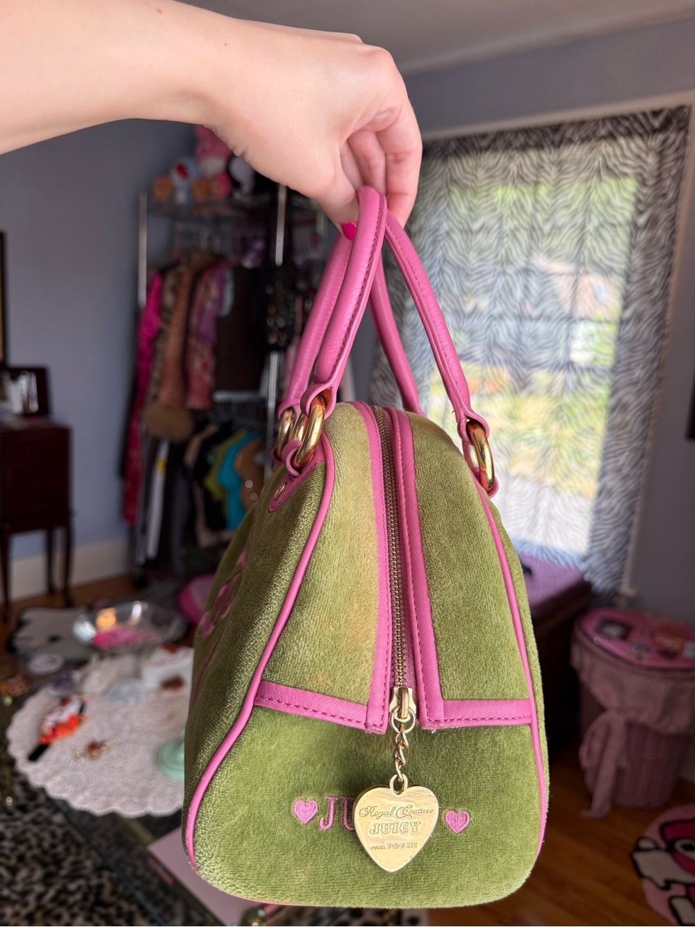 Juicy Couture Green Suede Satchel with Pink Trim and Heart Charm - Picture 4 of 9